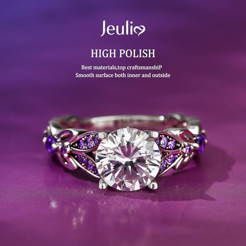 Jeulia 4.3 Carat Personalized Sterling Silver Butterfly Rings for Women Purple Amethyst Bridal Round Cut Wedding Engagement Eternity Valentine's Promise Ring Set3