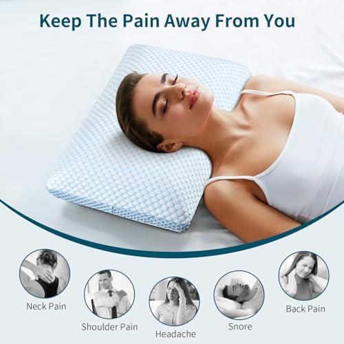 Olumoon Memory Foam Pillows - Cooling Pillow for Pain Relief Sleeping, Neck Pillow with Dual-Sided Washable Cover, Breathable Bed Pillows for Side, Back, Stomach Sleepers (Blue)