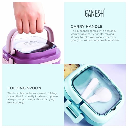 Image of Ganesh 3 Compartment Cubex Insulated Food Container with Attractive Spoon - Airtight Leak-Proof Lunch Box for Office, School, Picnic 1140ml- Peach