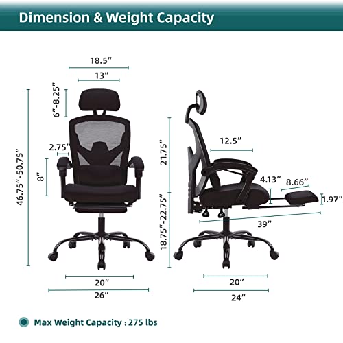 DUMOS Home Office Desk Chair with Footrest, High-Back Mesh Rolling Swivel Reclining Chairs with Wheels, Comfortable Headrest, Lumbar Support, Comfy Arms for Home, Office, Gaming, Student, Inky by DUMOS - Image 2