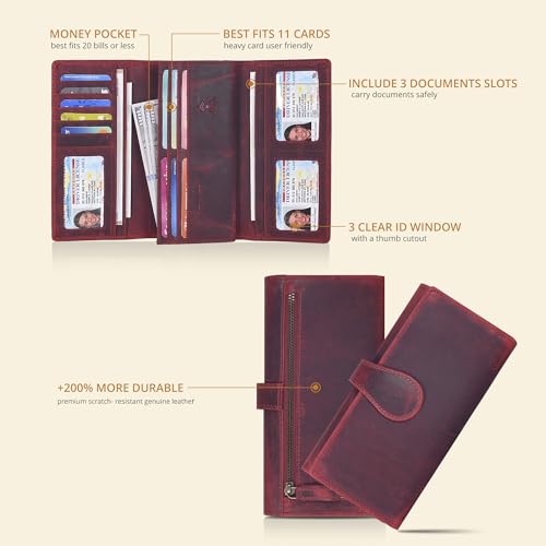 Image of Real Leather Women Wallet Leather with RFID Blocking -Trifold Card Holder Designer Ladies Clutch with ID Window Wallets