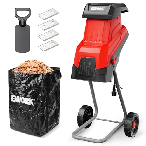 EWORK Wood Chipper, 15 Amp Electric Wood Chipper Shredder & Mulcher, 1.77-Inch Max Cutting Capacity, 4 Steel Blades, 15:1 Reduction Ratio, Mulcher for Yard Waste, Branches, Leaves & Garden Debris by EWORK - Used condition - US$85.00