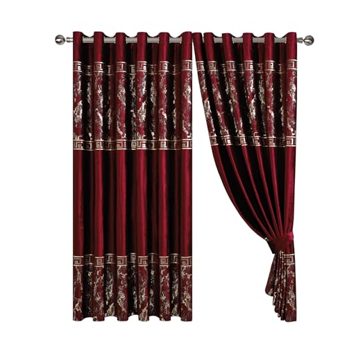 Greek Key Velvet Curtain Pair - 90x90 Inches - Heavyweight with Luxury Foil Print - Room Darkening Eyelet - Fully Lined for Thermal Insulation - Includes Two Tiebacks (Burgundy, 229 x 229 cm)