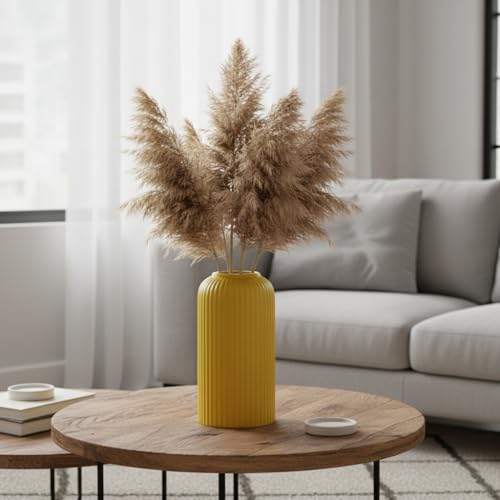 Image of Yellow Ribbed Ceramic Flower Vase 6 Inch Matte Pampas Grass & Dried Flower Vase for Home & Office Table Decor Decorative Centerpiece Gift - Vase Only