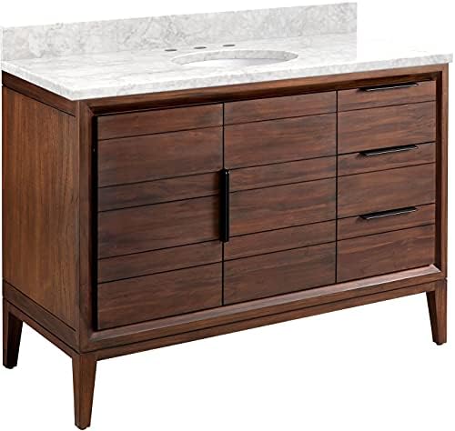 Signature Hardware 459245 Aliso 48" Free Standing Single Vanity Set with Teak Cabinet, Vanity Top, and Oval Undermount Sink - 8" Faucet Holes - Java/Carrara