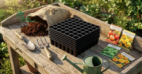 Image of SJ Organics Seed Starter Tray - Pack of 10 (48 Cells Each) | Heavy Duty Germination Tray for Vegetables, Flowers & Hydroponic Gardening