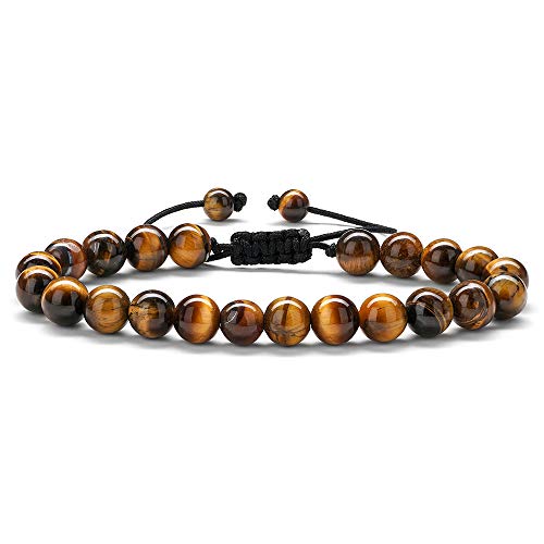 Mens Tiger Eye Bracelet Gifts- 8mm Tiger Eye Stone Beads Bracelet Adjustable Natural Matte Agate Onyx Yoga Essential Oils Anxiety Aromatherapy Bracelets Jewelry Birthday Gifts for Men, One Size, Stone
