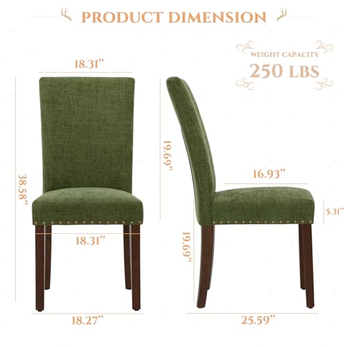 Image of Parsons Dining Chairs Set of 4, Upholstered Nailhead Dining Room Kitchen Side Chair with Thick Cushions and Wood Legs, Green
