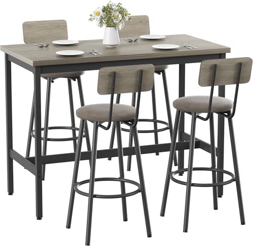 Elevon 47.2 in Long Bar Table Set with 4 PU Leather Bar Stools, Dining Table and Chair Sets, Industrial Tall Coffee Table and Back Chair for Kitchen, Living Room, Party Room, Pub, Rustic Gray