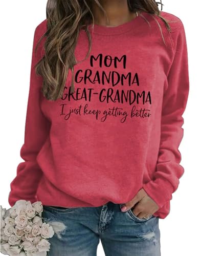 Sunidol Women's Grandma Sweatshirt Pullover Long Sleeve Crewneck Casual Lightweight Mothers Day Sweatshirt Dark Pink S