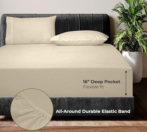 Image of Royale Linens Bamboo Viscose Queen Sheet Set - Cooling Bed Sheet Set - 1 Fitted, 1 Flat & 2 Pillowcase - Fits Up to 16 inch - Organic Viscose Derived from Bamboo - Bedding Sheet & Pillowcase (Queen, Sand)