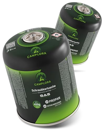 CAMPLORA 2 x 450 g Gas Cartridges Suitable for Weber Gas Grill Q100/1000 Series, Propane Gas & Butane Gas, Screw Cartridge with Thread for Camping Stove Gas Cartridges Screw Valve Gas Bottles Butane