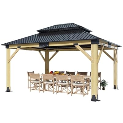 13’x15’ Outdoor Wooden Gazebo - Patio Galvanized Steel Gazebo with Double Vented Roof, Heavy-Duty Cedar Wood Gazebo for Garden, Lawn, Poolside, Backyard Deck
