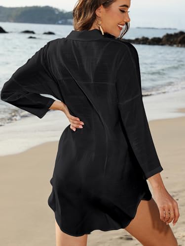 Image of POGTMM Women's Swimsuit Cover Up 3 /4 Sleeve Button Down Shirt Dress