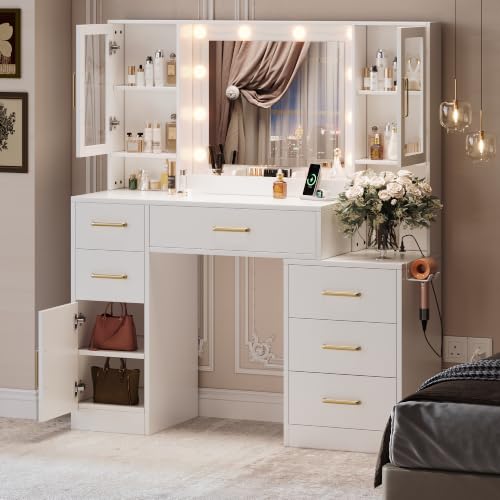 Image of Makeup Vanity Desk with Mirror and Lights, Makeup Vanity Table with Lighted Mirror, Nightstand Dressing Table with Mirror and Lights, 51 inch Big Vanity with 6 Drawers & Lots Storage Space for All Girls