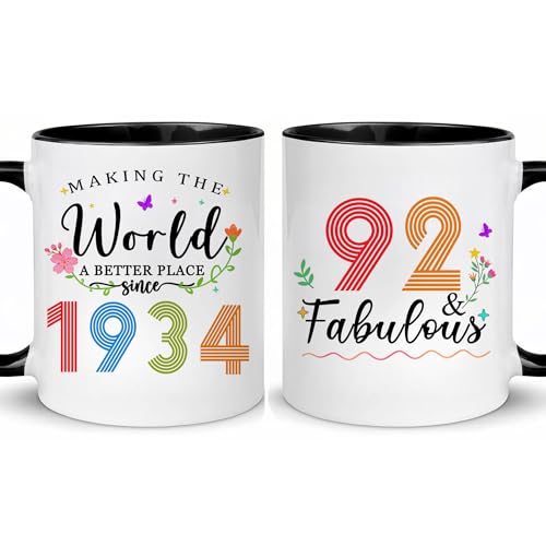 Choinn 1934 92nd Birthday Gifts for Women Men, Turning 92 Years Old Birthday Gift Coffee Mug for Mom, Dad, Grandma, Grandpa, 92nd birthday Gifts Ideas, Fathers Day Mothers Day Christmas 11oz Cup