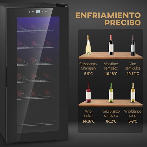 HOMCOM Nevera Vinos 18 Botellas 50L Vinoteca con Luz LED Interior Pantalla LED Táctil Digital Control de Temperatura Puerta de Vidrio Anti-UV y 5 Estantes de Metal Negro - imagen 5