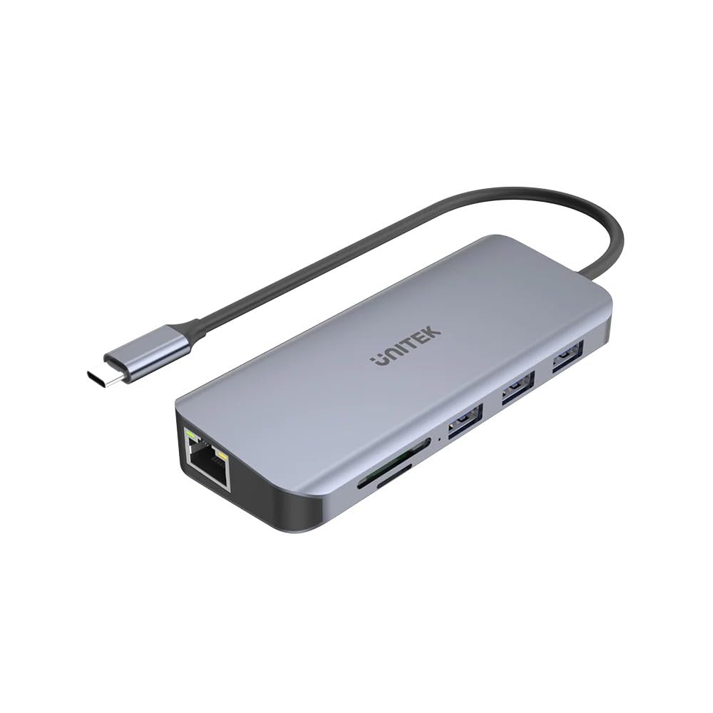 UNITEK Hub USB-C z 3 portami USB-A 3.1, 4K HDMI, FullHD VGA, Gigabit Ethernet RJ45 i czytnikiem kart SD i microSD, Power Delivery 100 W, Plug & Play/aluminium