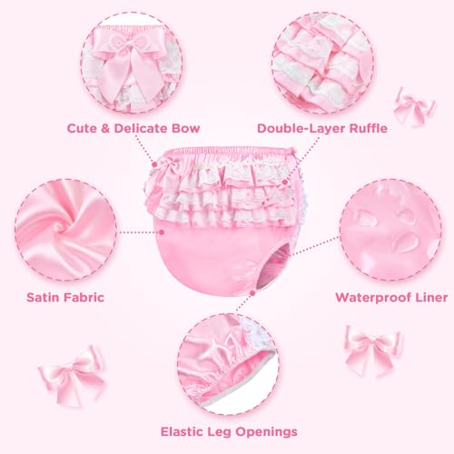 Image of Littleforbig Washable Reusable Waterproof Ruffled Lace Bow Pretty in Pink Satin Over Adult Diaper Cover XXL