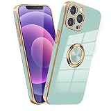 MiaoKeDa ケース 用のiPhone 12 ProMax リング 耐衝撃 いphone12ProMax リング付き スマホケース TPU 車載ホルダー ストラップホール付き メッキ加工 カバー ライトシアン