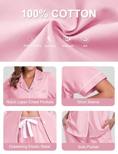Image of COLORFULLEAF Women's 100% Cotton Pajamas Set Button Down Sleepwear Short Sleeve Shirt and Long Pants Soft Ladies Lounge Sets