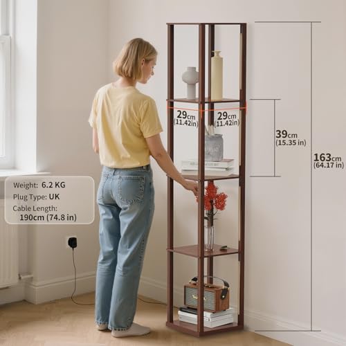 Floor Lamp with Shelves as Corner Lamp for Living Room with Shelf with Minimalist Design LED Light for Home & Office Decor with Real Solid Wood with Lamp for Bedroom (Square, Dark Brown)