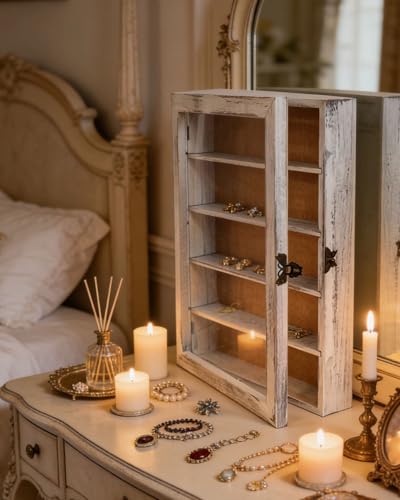 Image of Extra Large Wooden Shadow Box, Framed Glass Door Display Case with Linen Dark Frame for Wedding Bouquets Flowers Awards Tickets (Old White)