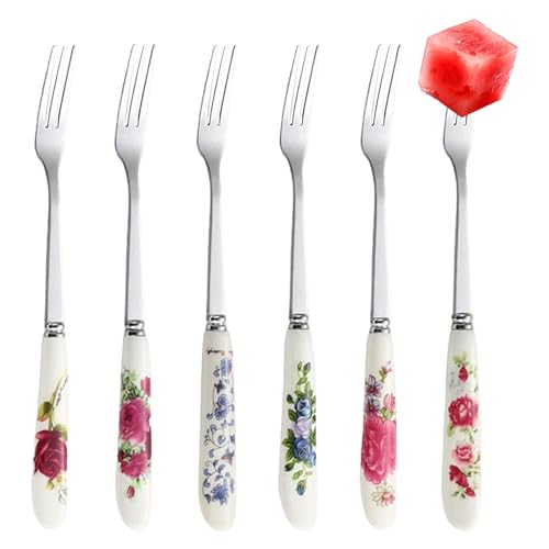 Fruit Forks 6Pcs Stainless Steel Dessert Fork with Ceramic Handles - Multi-Design Small Fork for Cakes Fruits and Snacks - Compact and Easy to Clean