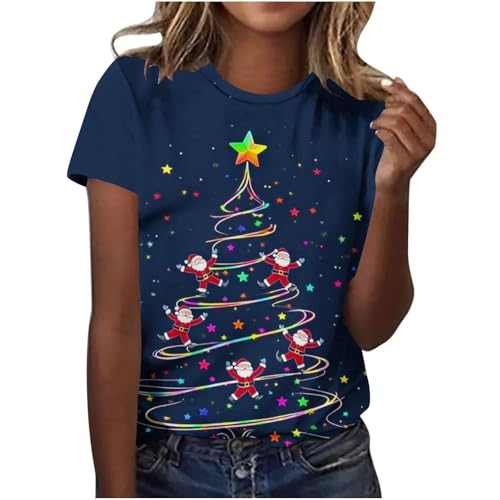Zeiayuas Christmas T-Shirts Women Christmas Tree Graphic Xmas Print T Shirt Holiday Short Sleeve Tops Ladies Lightweight Fall Winter Going Out T Shirts Cute Funny Novelty Merry Xmas Pullover