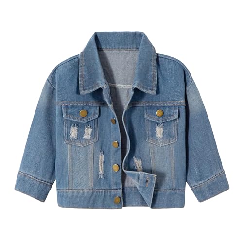 Volunboy Chaqueta Vaquera Unisex Cazadora Tejana Entretiempo Abrigo Casual de Cuadro Para Niño 2-8 Años（5-6 años，Azul Ripped，Tamaño 130）