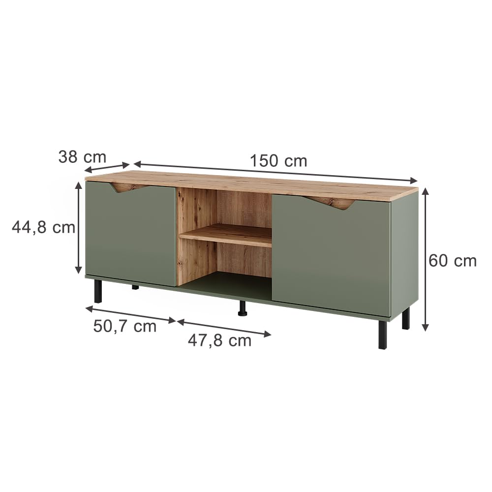 Vicco Lowboard Marelle, Grün/Artisan, 150 x 60 cm mit 2 Türen, zur Verwendung als TV-Board oder Medienmöbel geeignet