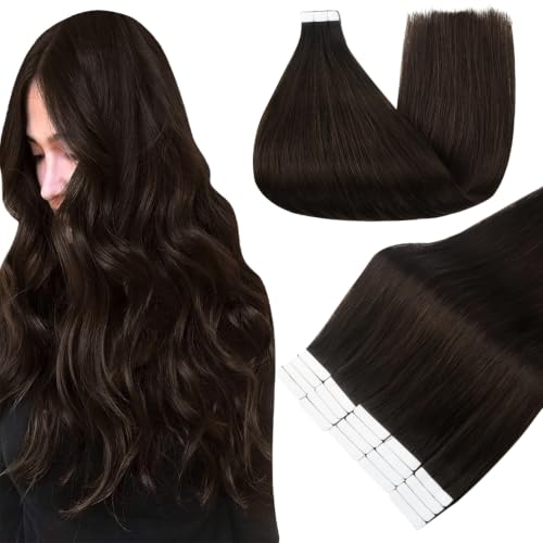 Image of Full Shine Human Hair Extensions Tape in, Darkest Brown 20 Inch | 50g 20PCS, Straight Seamless Skin Weft Tape in Extensions Real Human Hair, Glossy Finish Long-Lasting Styling Add Length