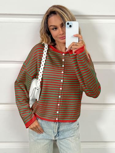 Image of Saodimallsu Womens Striped Cardigan Casual Long Sleeve Open Front Button Down Loose Knit Lightweight Fall Sweaters