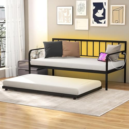 Image of URKV Modern Metal Daybed with Trundle – Twin Size Sofa Bed Frame with Backrest & Guardrails – Convertible Guest Bed for Bedroom or Living Room (Mattress Not Included)