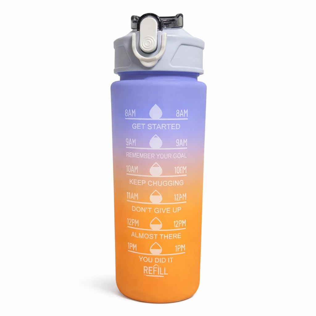 Motivational Water Bottle with Time Marker, 750ml, BPA-Free Tritan, Leakproof, Straw Lid & Carry Strap, Blue, Green, Pink, for Sports, Gym & Fitness (Blue and Orange)