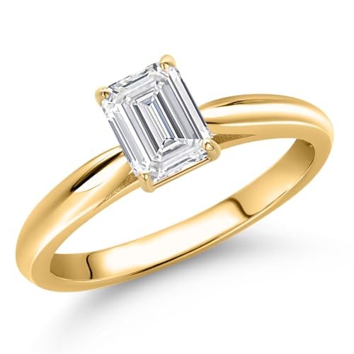 Gem Stone King 10K Yellow Gold Lab Grown Diamond Engagement Ring For Women | 0.65 Cttw | Emerald Cut 6X4MM | Gemstone April Birthstone | DEF Color | VVS-VS Clarity | Available in Size 5,6,7,8,9