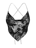 SOLY HUX Women's Y2k Dragon Graphic Camisole Lace Up Backless Crop Tops Sexy Cami Top Black and White Small