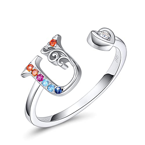 FOREVER QUEEN Adjustable Initial Ring,925 Sterling Silver Statement Rings with Colorful Stone, Personalized Letter Stacking Ring Alphabet A to Z for Women