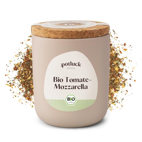 Potluck | Bio Tomate-Mozzarella Gewürz | Gewürzzubereitung im Keramiktopf | 65g | Vegan, glutenfrei und mit natürlichen Inhaltsstoffen