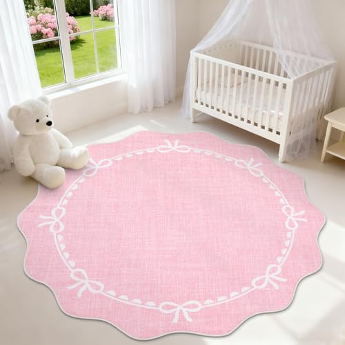 GarveeHome 5ft Round Rugs Washable Scalloped Bow Rug for Bedroom, Pink