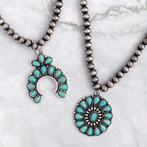 RIAH FASHION Bohemian Beaded Statement Necklace - Multilayered Natural Stone Mixed Beads, Western Concho Pendant4