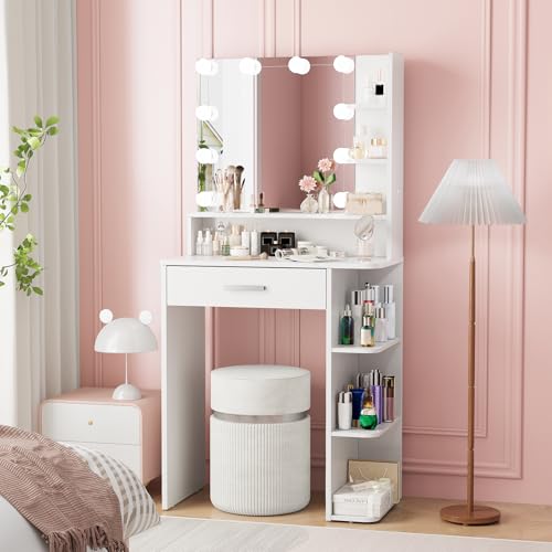 Neoriver Makeup Vanity Desk with Mirror and Lights, 26.4”Small Vanity Mirror with Lights with Large Drawer and 6 Level Storage, White Vanity with Large Led Mirror with 3 Color Lighting Modes (White)
