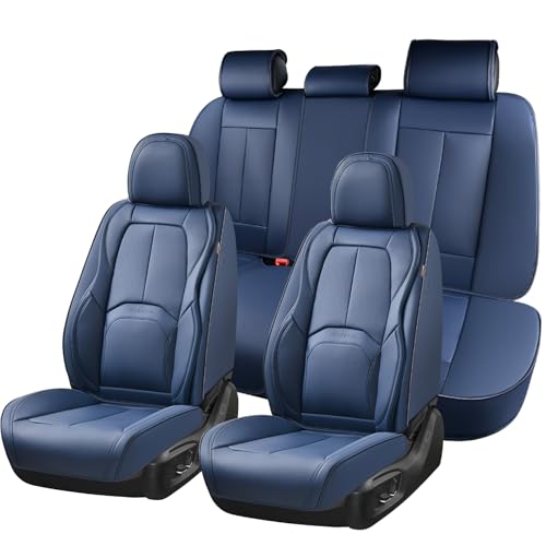Image of Coverado Car Seat Covers Full Set, Blue Car Seat Cover, Nappa Leather Seat Covers for Cars, Waterproof Car Seat Protector with Lumbar Support, Automotive Seat Covers Universal Fit for Most Cars (Blue)