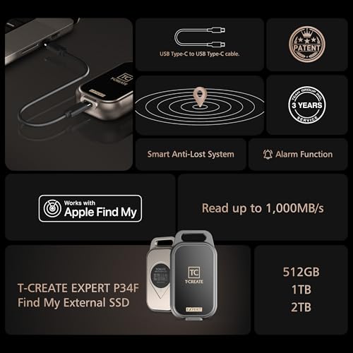 Image of TEAMGROUP T-Create Expert P34F 512GB Portable External SSD World's First with Apple Find My Positioning & Searching Ultra-Fast 1,000MB /s Patent M663508 TPSEGE512G0C136