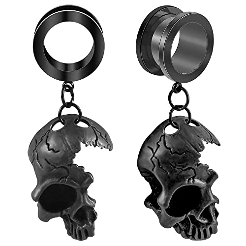 Vankula 2 PCS Black Skull Pendant Hypoallergenic Stainless Steel Plugs Ear Gauges Tunnels Piercing Expander Stretchers Fashion Body Jewelry (Black, 22mm(7/8