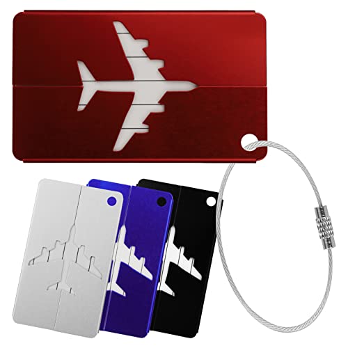 4 Pièces Etiquette Bagage, Bagages Étiquettes en Alliage d'aluminium avec Cordes en Acier Inoxydable, Étiquette Bagage Valise en Aluminium avec Carte d'identité Cover