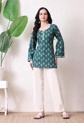 Image of MEERA FAB Women's Floral Printed Cotton Short Kurta | Floral Printed Kurta with Bell Sleeves | Short Kurti for Women