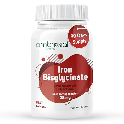 Ambrosial Iron Bisglycinate 28mg High Strength Tablets | High Absorption Iron Supplement for Tiredness and Fatigue for Women and Men | Pack of 1-180 Veg Tablets