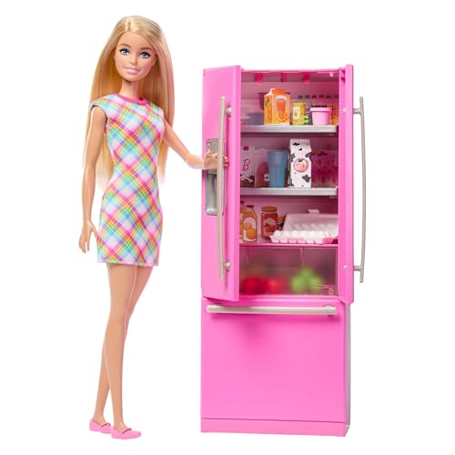 Barbie Coffret La Cuisine de Barbie, poupée et cuisine avec réfrigérateur et 10 accessoires dont des aliments, plus une feuille d'autocollants, JKB52