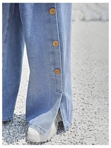 MakeMeChic Girl's Elastic Waist Tie Front Jeans Button Split Side Wide Leg Long Denim Pants3